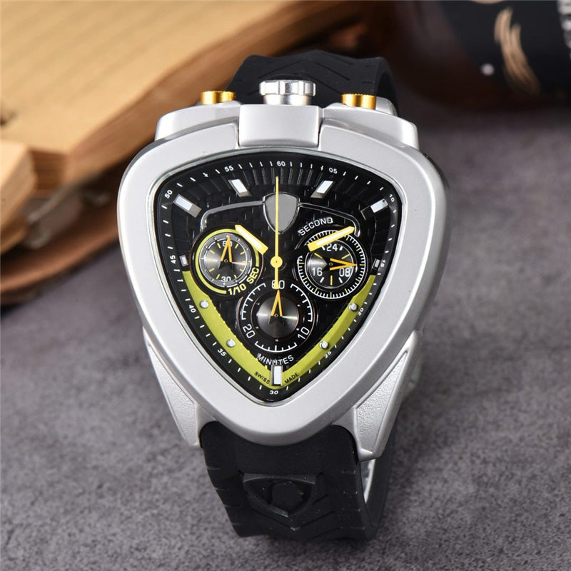 Fashion Brand Wrist Watch Man Male Multi-function Dial Triangle Cow Bull Pattern Style Rubber Silicone Band Quartz Clock Lamb01