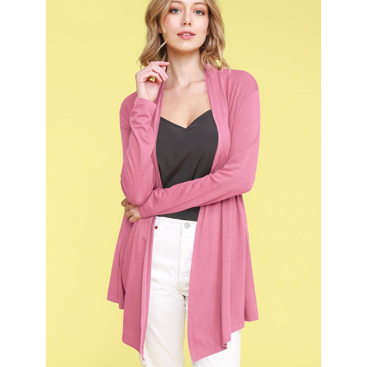 Women's Open Front Knit Cardigan Sweater - PINK - L