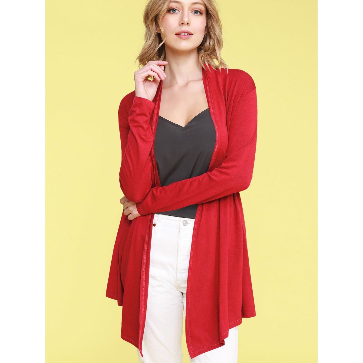 Women's Open Front Knit Cardigan Sweater - RED - XL