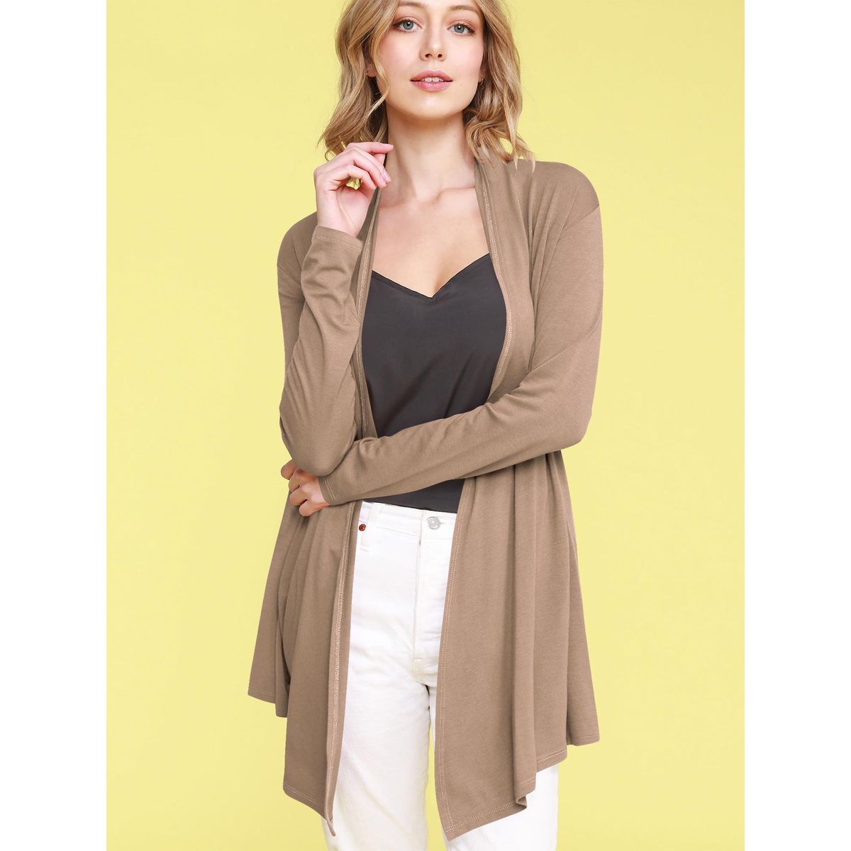 Women's Open Front Knit Cardigan Sweater - TAUPE - S