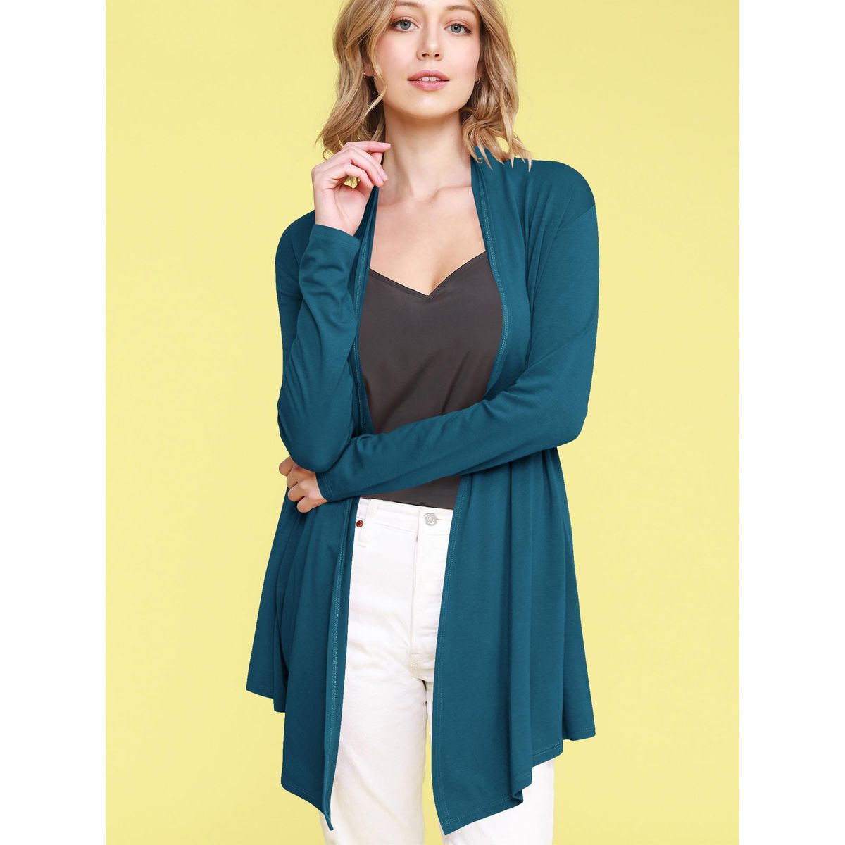 Women's Open Front Knit Cardigan Sweater - TEAL - 2X