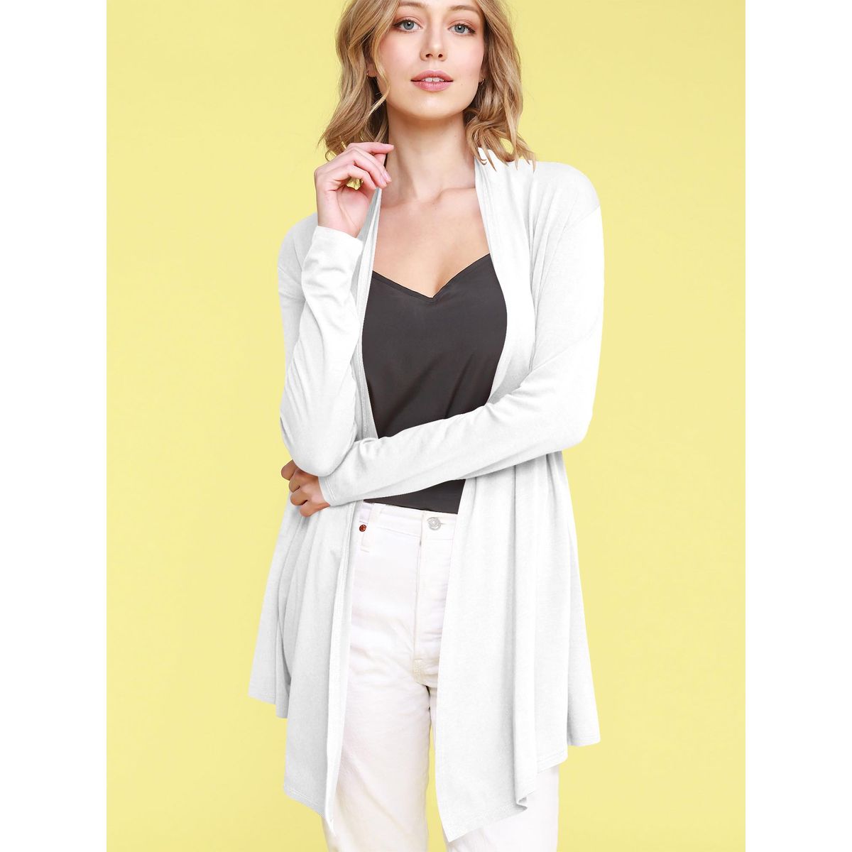 Women's Open Front Knit Cardigan Sweater - WHITE - L