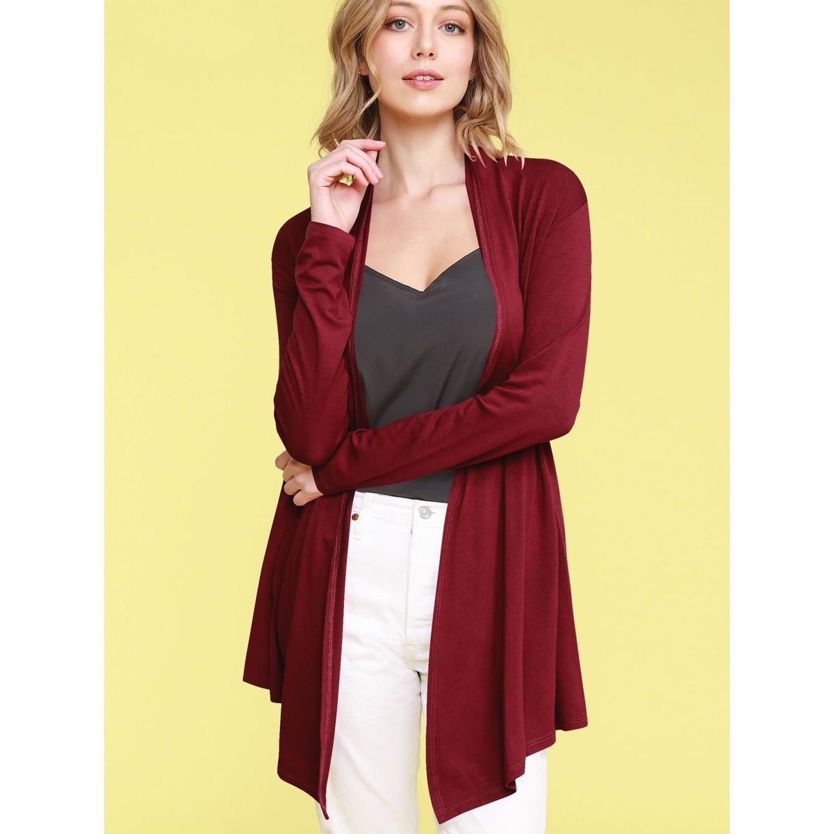 Women's Open Front Knit Cardigan Sweater - WINE - L