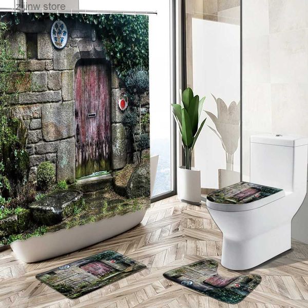 Curtains Vintage Antique Old Wooden Door Shower Curtain Country Farm Barn Stone Brick Wall Pedestal Rug Toilet Cover Bathroom Deco Set Y2403