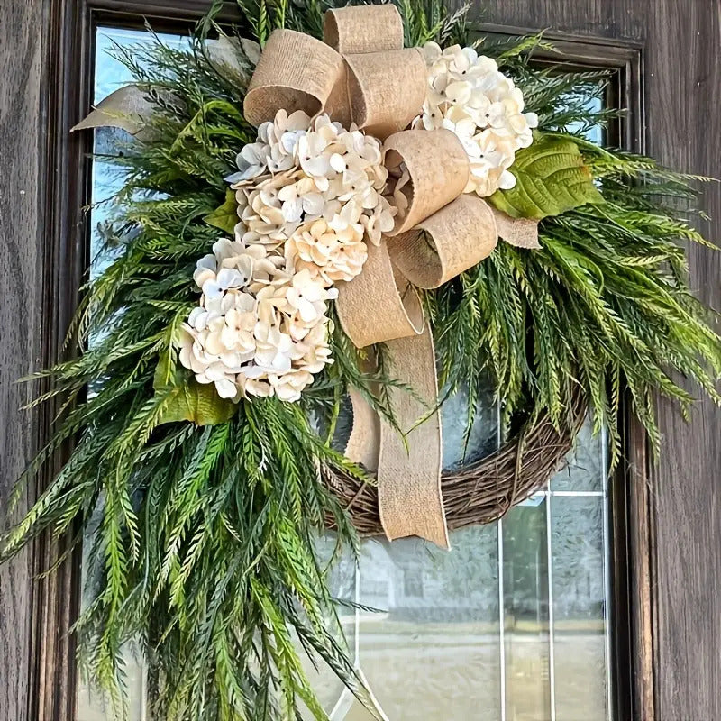TEMU 1pc 16-inch Double-sided Silk Hydrangea & Eucalyptus Wreath With Bow - Rustic Farmhouse Door Wall Decoration, Beige- Flowers & Green Foliage,