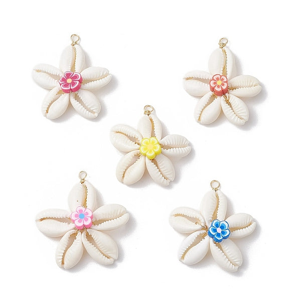 Natural Cowrie Shell & Handmade Polymer Clay Flower Pendants
