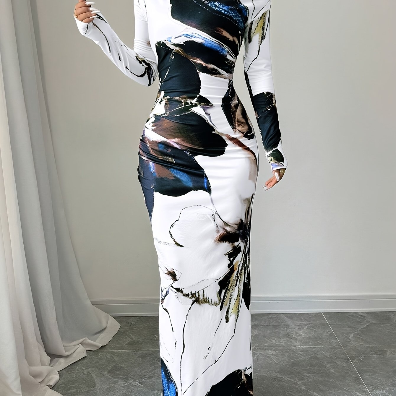 TEMU Print Asymmetric Neckline Long Sleeve Waisted Dress For Women - Elegant Pencil Skirt Style, Spring-fall, Floral , Polyester Fabric, Attire |