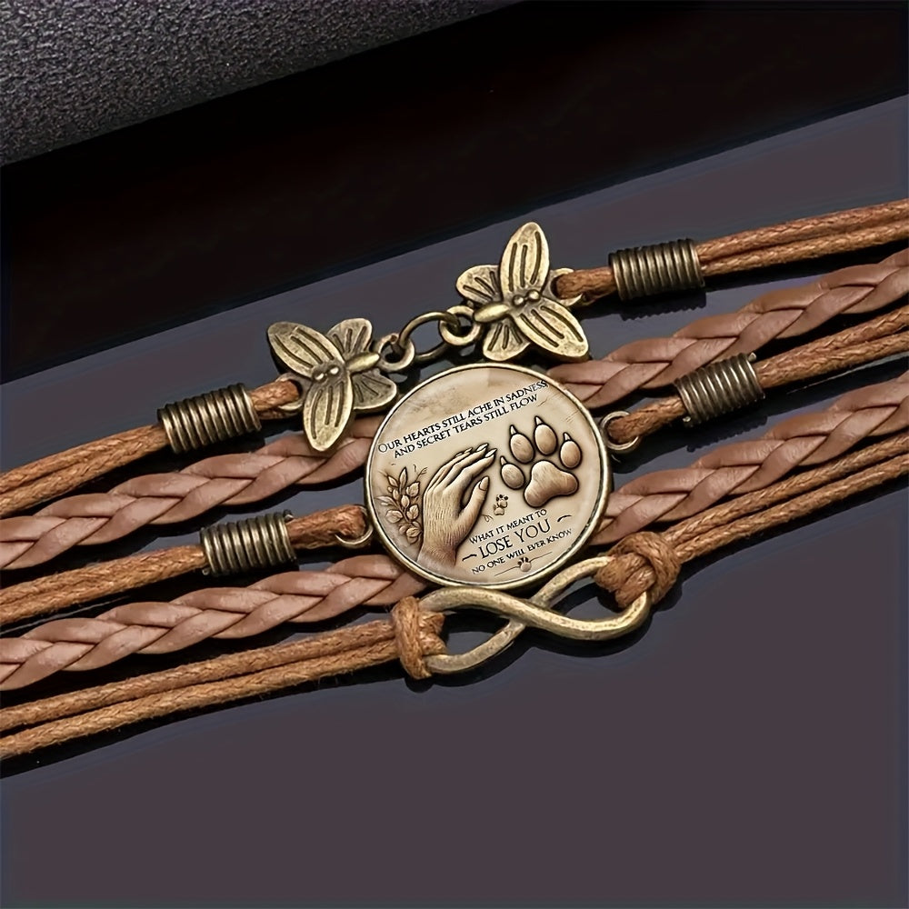 TEMU Bohemian Mandala Infinity Bracelet - Adjustable Leather Jewelry With Heart & Paw Print Design, Brown Braided Strap For Casual Attire, Grieving