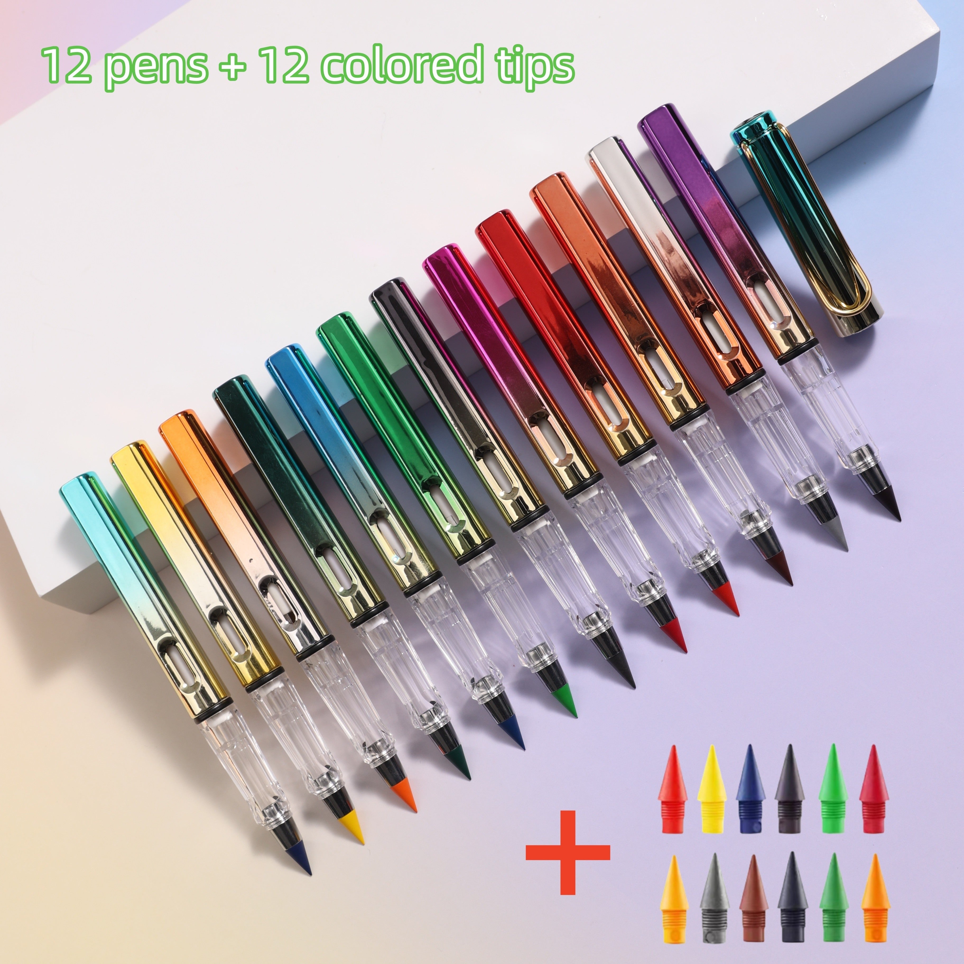 TEMU 24pcs, 12 Pens + 12 Colored Pencils, Newest Gradient Metallic Pencils, Hb Pencils, Color Pencils With Interchangeable Nibs, Drawing