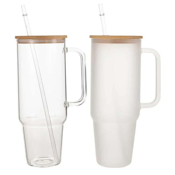 40Oz Glass Wooden Lid Bubble Tea Cold Drinking Coffee Wine Juice Milk Transparent Straw Car Mug Cup Drinkware Water Bottle