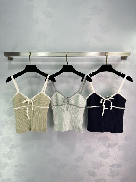 Designer Women&#039;s Tops Milan Runway Spaghetti Straps Bow Knitting Tanks&Camis Designers 3 Colors Gray-Black-Grass Green Short Knit Tees