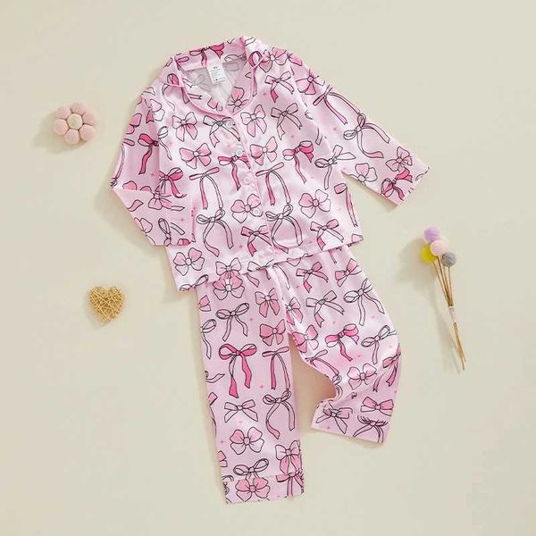 2Pcs Girls Satin Pajamas Set Long Sle Bow Print Button Down Shirts and Pants Set SleepwearT250118