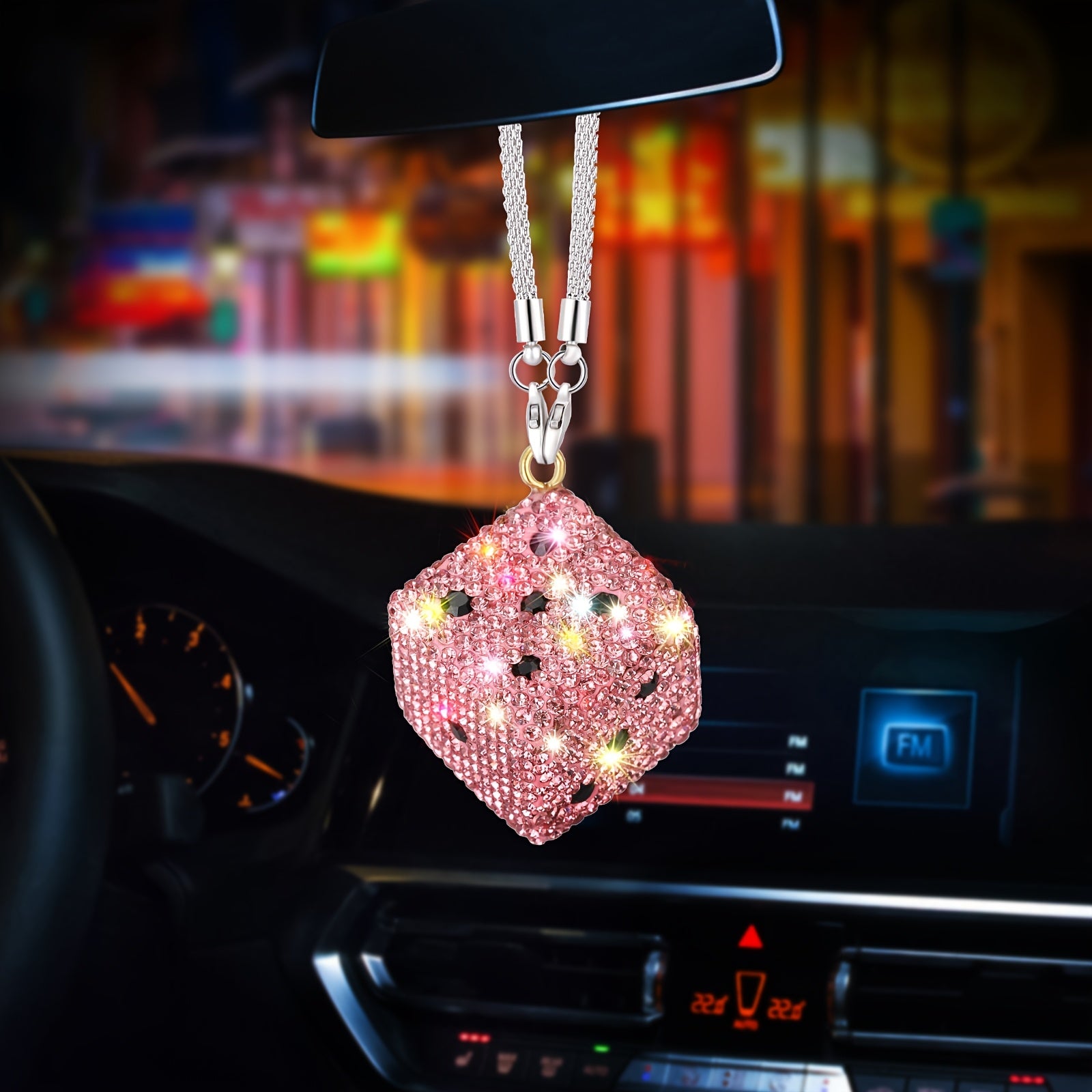 TEMU 1pc Sparkling Dice Car Mirror Pendant, Stainless Steel, Charm Auto Accessory, Vehicle Decoration