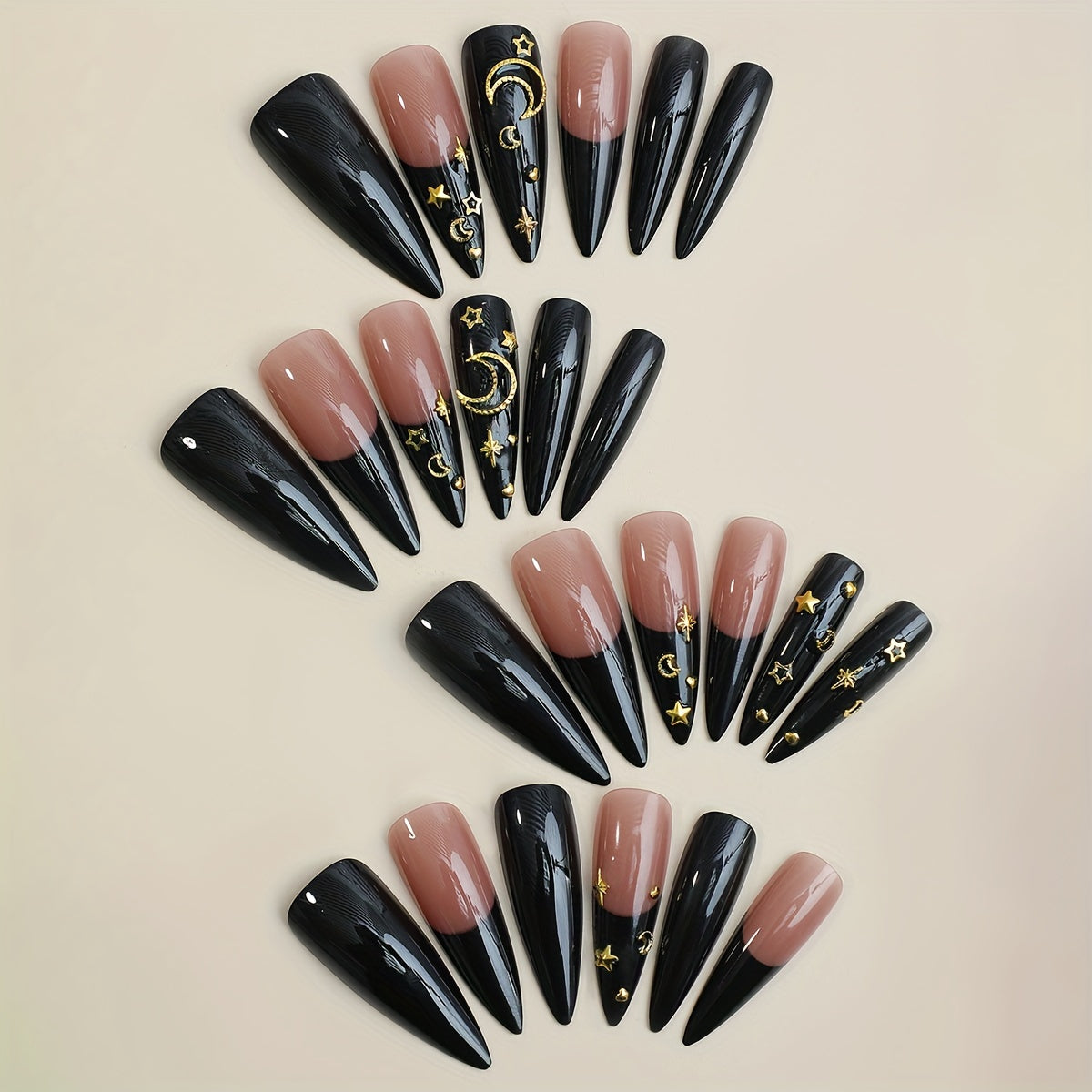 TEMU 24pcs Elegant Black Stiletto Press-on Nails - Xxl Long Almond Shape With Glossy Designs, Sophisticated Women's Fashion