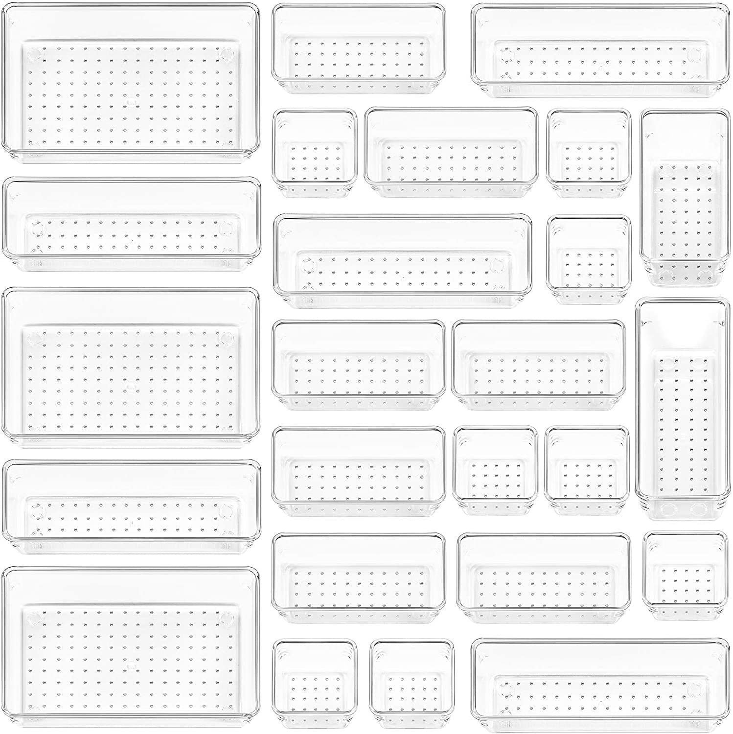 25piece clear plastic drawer organizers for bathroom vanity makeup stackable 4 size set with adjustable dividers fits kitchen utensils office suppli