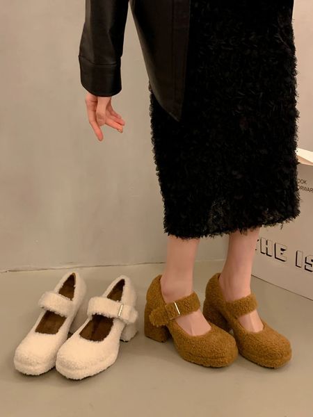 Womens Shoes with Thick Heels Mary Jane Autumn and Winter Plush and Warm High Heels 241126