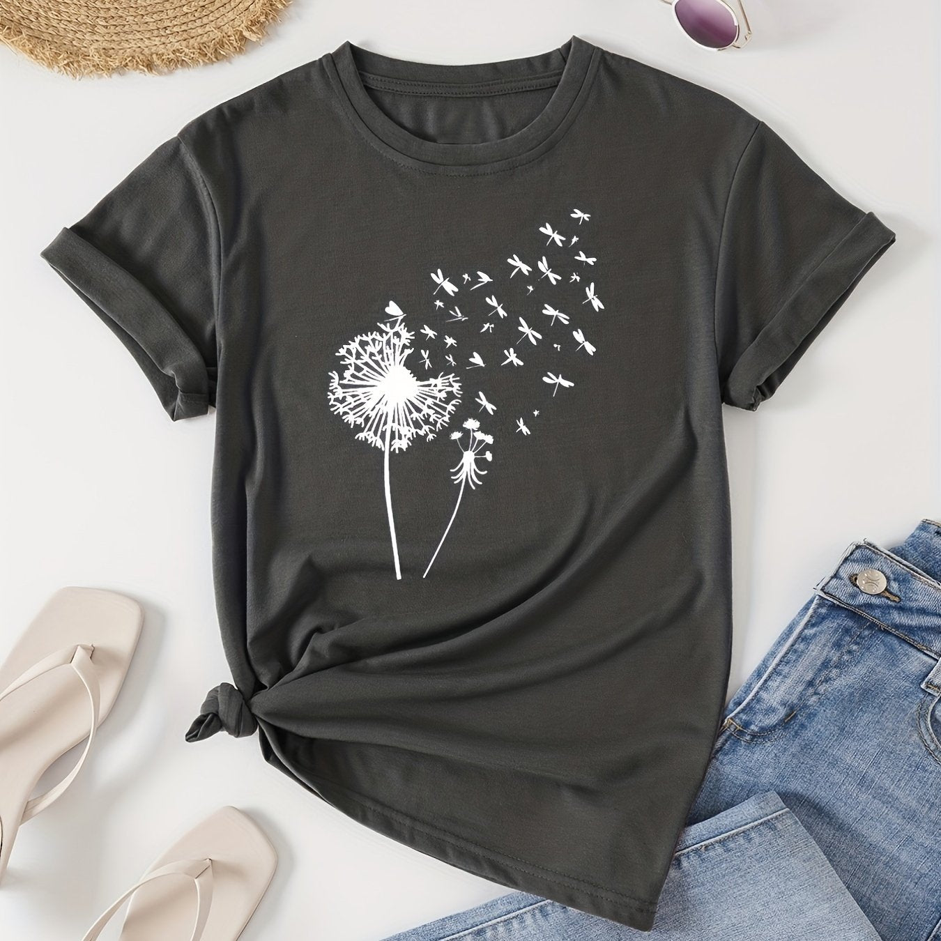 TEMU Dandelion Print Crew Neck T-shirt, Casual Short Sleeve T-shirt For , Women's Clothing