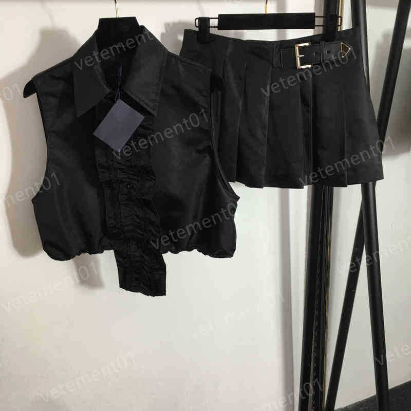 Women Two Piece Dress Lace Trim Lapel Sleeveless Tanks Tops And Letter Triangle Logo Pleated Short Skirt 2 Piece Sets PR Luxury Top Quality Ladies D