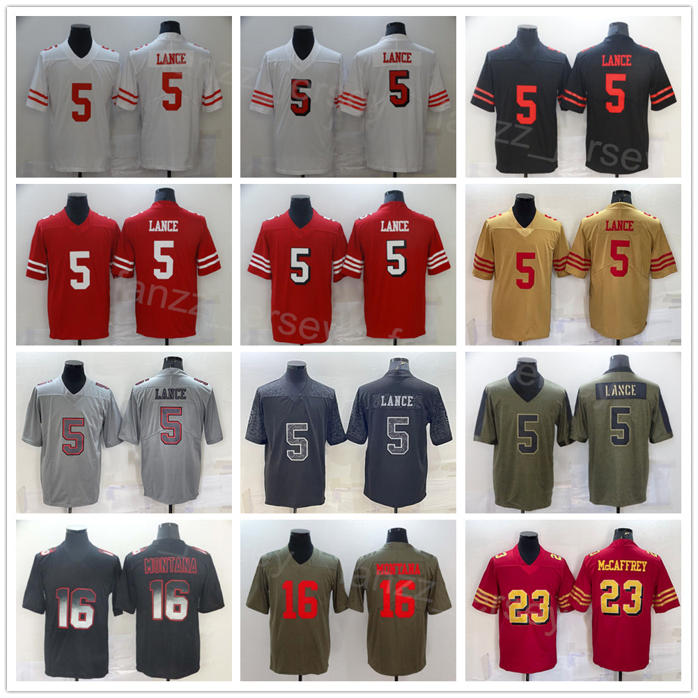 Men Football 5 Trey Lance Jersey 16 Joe Montana 23 Christian McCaffrey Olive Salute To Service Hyphenation Shadow Hemp Grey Leopard Grain Black Red