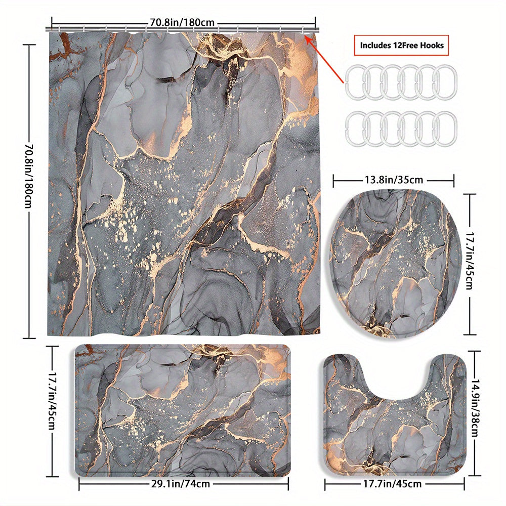 TEMU 4pcs Marble Curtain Shower Curtain Decoration, Beautiful Housewarming Gift Decoration, Shower Curtain And Toilet Floor Mat Three-piece Set Comes