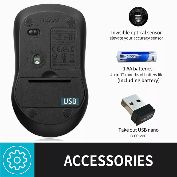 Rapoo High-Precision Wireless Optical Mouse (1000 DPI) with USB Receiver for Computers and Notebooks