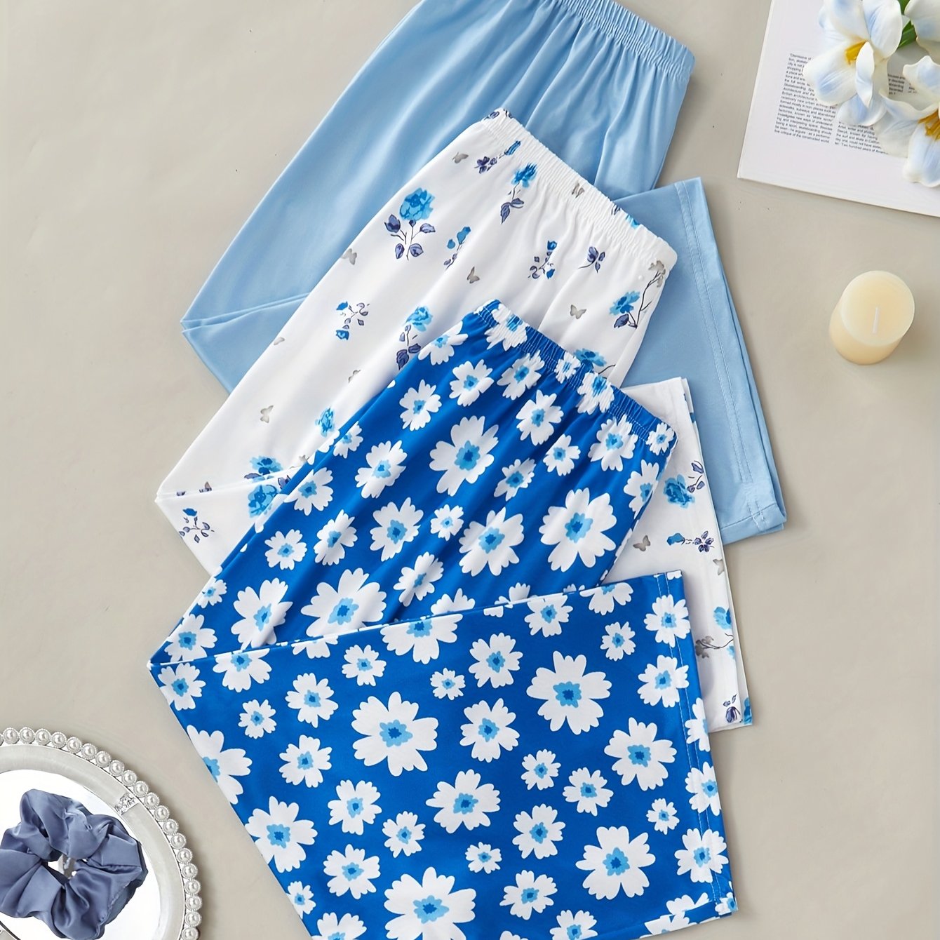 TEMU 3pcs Floral Print 7-inch - Light , Sleepwear For Adults, Spring-summer-fall, Relaxed Fit Pajamas|floral Print Pajamas|soft Fabric Pants,