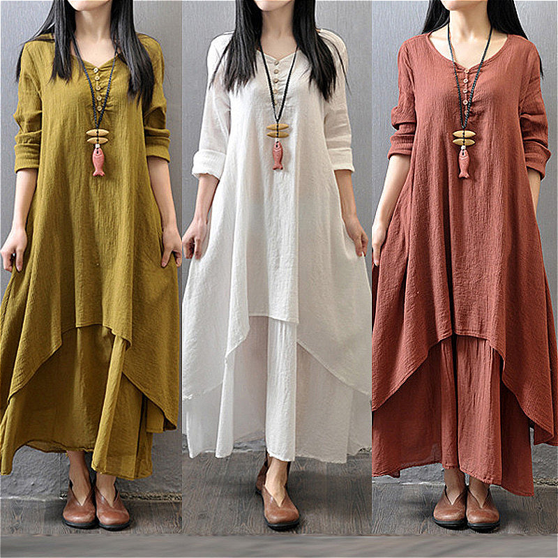 171 Spring and Autumn Fake Two-piece Long Skirt Artistic Swing Linen Dress Loose Long Sleeve Cotton and Linen Skirt