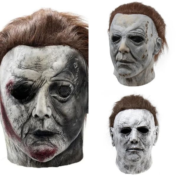 New New Halloween Michael Myers Scary Killer Full Head Creepy Fire Burn Scar Latex Face Mask Cosplay Costume Party Props Knife