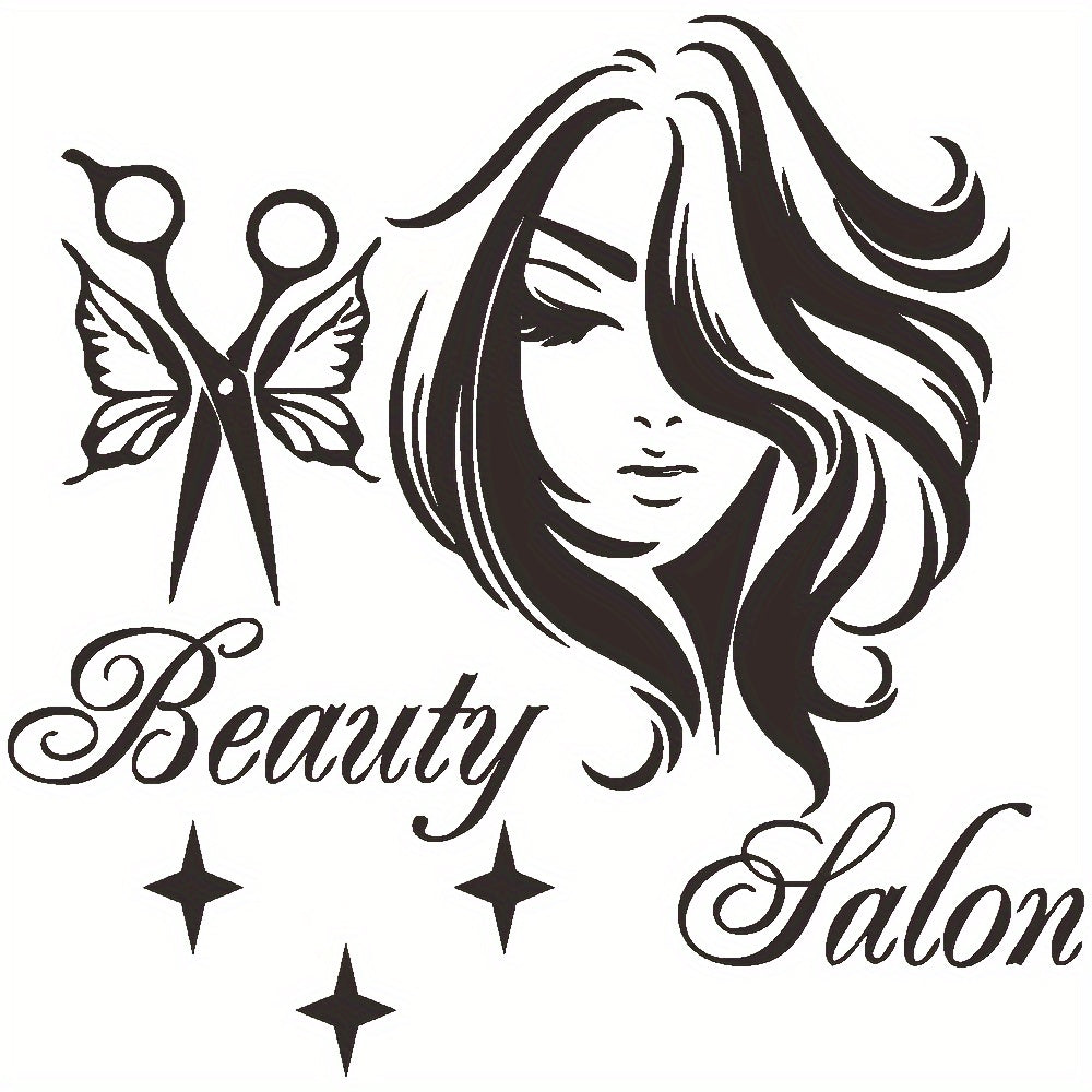 TEMU 1pc Elegant Salon Wall Decal - Black Vinyl Sticker With Scissors & Stylish Woman Silhouette - Hair Salons, Makeup , And Beauty - Artistic