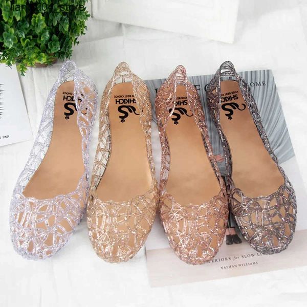 Sandals Summer womens sandals flat bottomed crystal clock hollow flat bottomed slider shallow mouth Roman jelly shoes beach sandals H250107