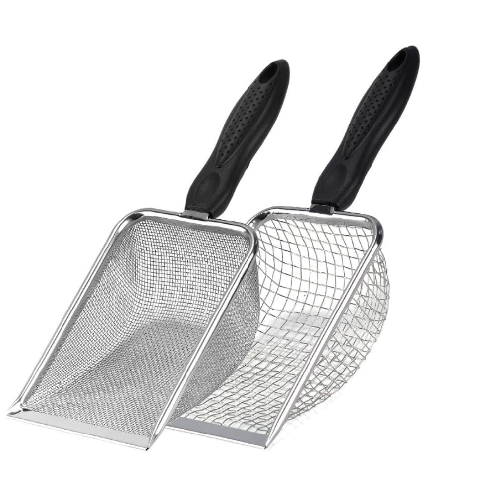TEMU 2pcs Cat Sturdy Litter Cleaner Corner Shovel Stainless Steel Mesh Litter Shovel Easy To Clean Reptile Terrarium Sand Waste Beach Shovel (black)