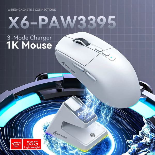 Mice Attack Shark X6 Bluetooth Mouse PixArt PAW3395 Tri Mode Connection RGB Touch Magnetic Charging Base Macro Gaming 231216
