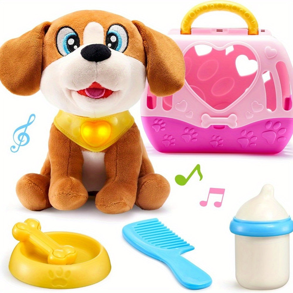 TEMU Syncfun Dog Toys For Toddlers, Play Puppy Toy With Carrier & Accessories, Plush Dog With Interactive Button, Lights & Sounds, Pet Care Set For