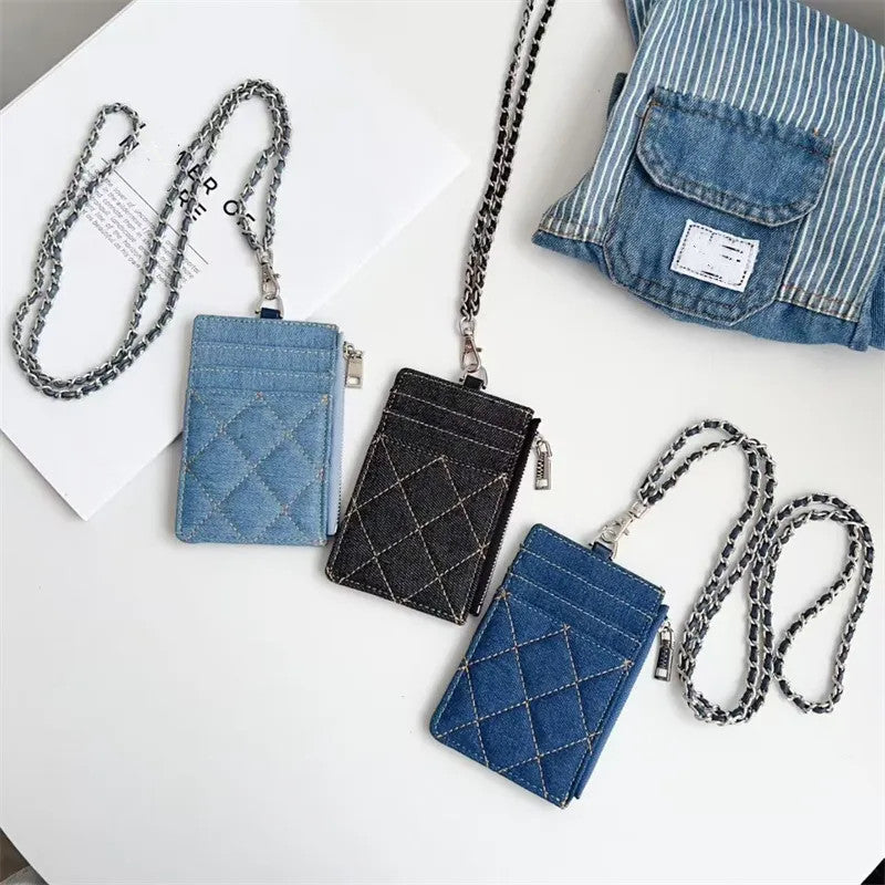 Designer Luxury denim Work Card Holder work ID lanyards Hanging Rope Pendant Card Bags Student ID cards bag coin purse leather Wallets zipper bag fo