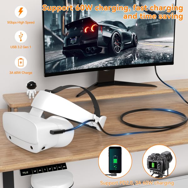 Type C USB 3.2 Gen 1 Fiber Optic VR Link Cable USB C to USB C Data 5Gbps PD2.0 Fast Charging Cable For VR Xbox PS4 Receivers