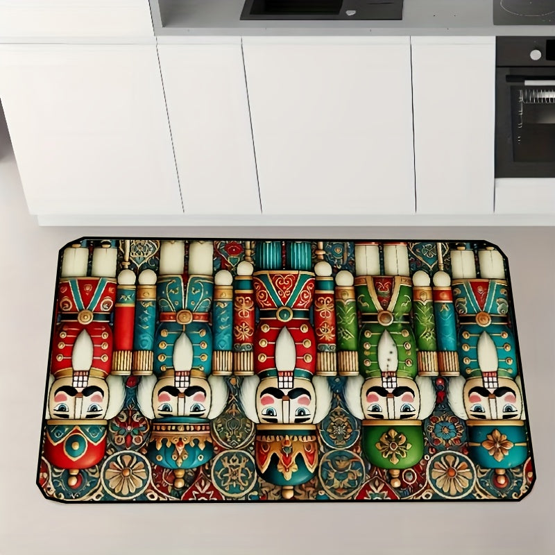 TEMU 1pc Nutcracker Soldier Print Door Mat - Non-slip, Washable Polyester Mat With Vibrant Holiday Design For Kitchen, Laundry Room, And Home Decor,