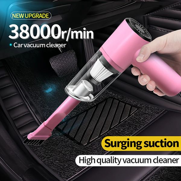 Pink Car Vacuum Cleaner 38000Pa Super Suction High Power Wet And Dry Cleaning Cat Hair Pet Portable Minihandheld 240407