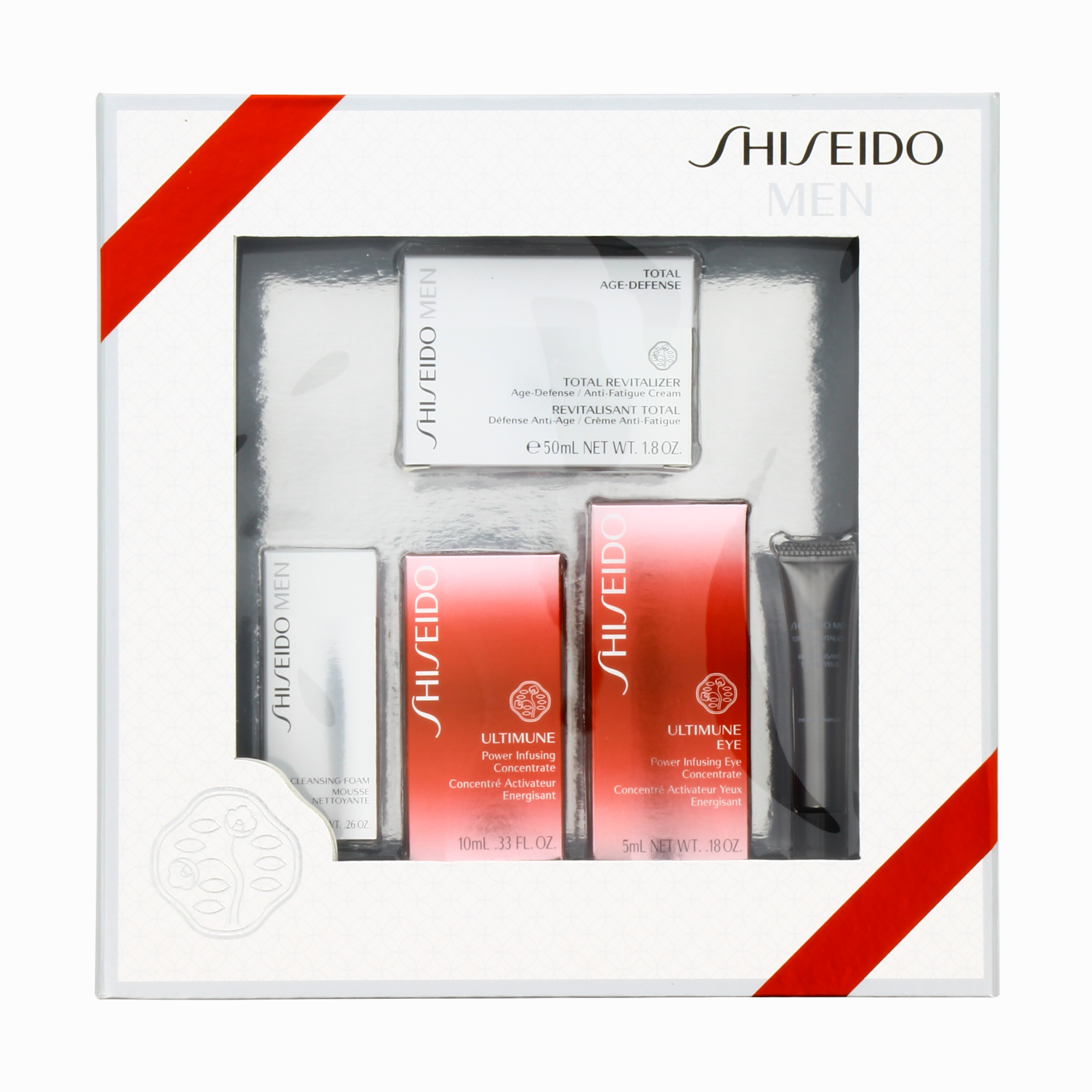 Gaveeske sett Shiseido: Renseskum 7 ml + Anti-aldring dag og natt ansiktskrem 50 ml + Ultimun dag og natt serum for ansikt og hals 10 ml + Ultimune an