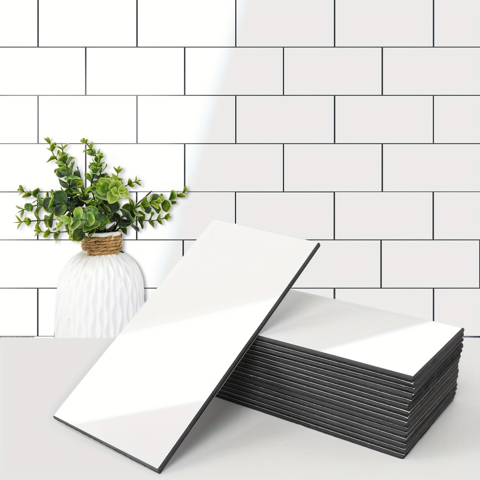 TEMU 102pcs Subway Tile Set, Industrial Material Adhesive Wall Tiles For Kitchen Backsplash, Bathroom, Fireplace, Glossy White 3"×6