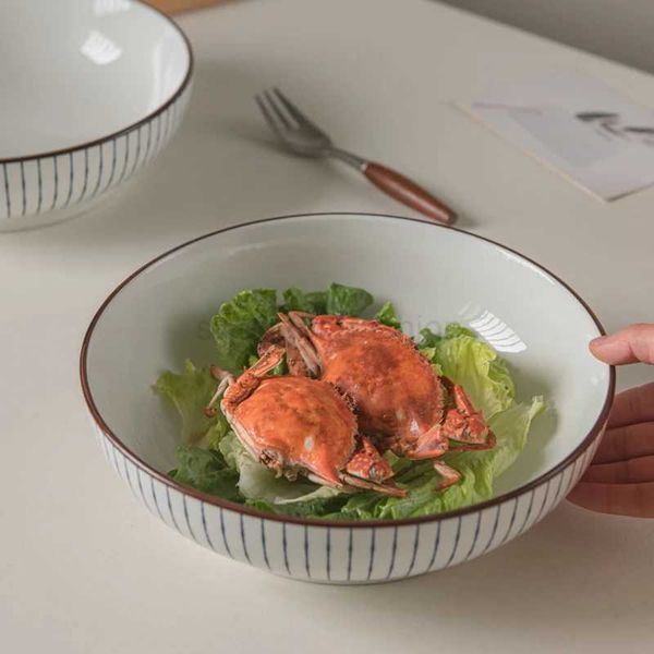 Japanese Style Homehold Ceramic Bowl Large Porcelain Round Food Container Noodles Fruit Salad Vegetables Bowls Kitchen SuppliesB270723