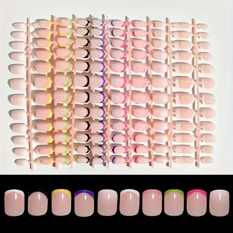 TEMU 120pcs Short Square Press On Nails - 5 Gradient Colors (nude Pink-white-rose Purple-green) Glossy Finish Full Cover Fake Nails For Women, Easy