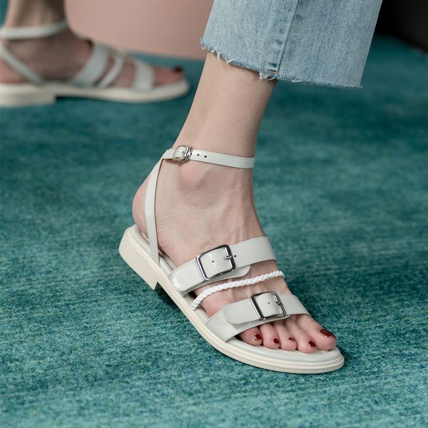 New Fashion Genuine Leather Shoes Casual Belt Buckle Women Sandals Flat with Handmade Slippers Size 34-40 Sandal Platform c471