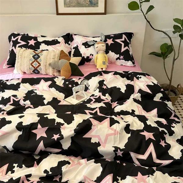 Fashion Style Pink Black Bedding Soft Flower Down Duvet Cover Pillowcase Flat Bed Sheet Set Full Large Double Bed Linen Y241024