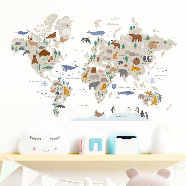 Wall Stickers Cartoon Large World Map Animals Wildlife Watercolor Vinyl Decals Print Kids Room Playroom Interior Home Decor 230307