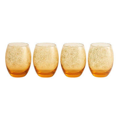 Epure Glassware Denali Rocks Amber Flower Print Glasses (Set of 4)