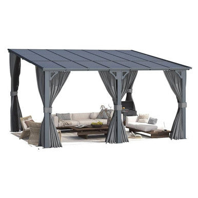 Outdoor Hard Top Lean-to Pergola with Curtains and Netting - 16' x 10'