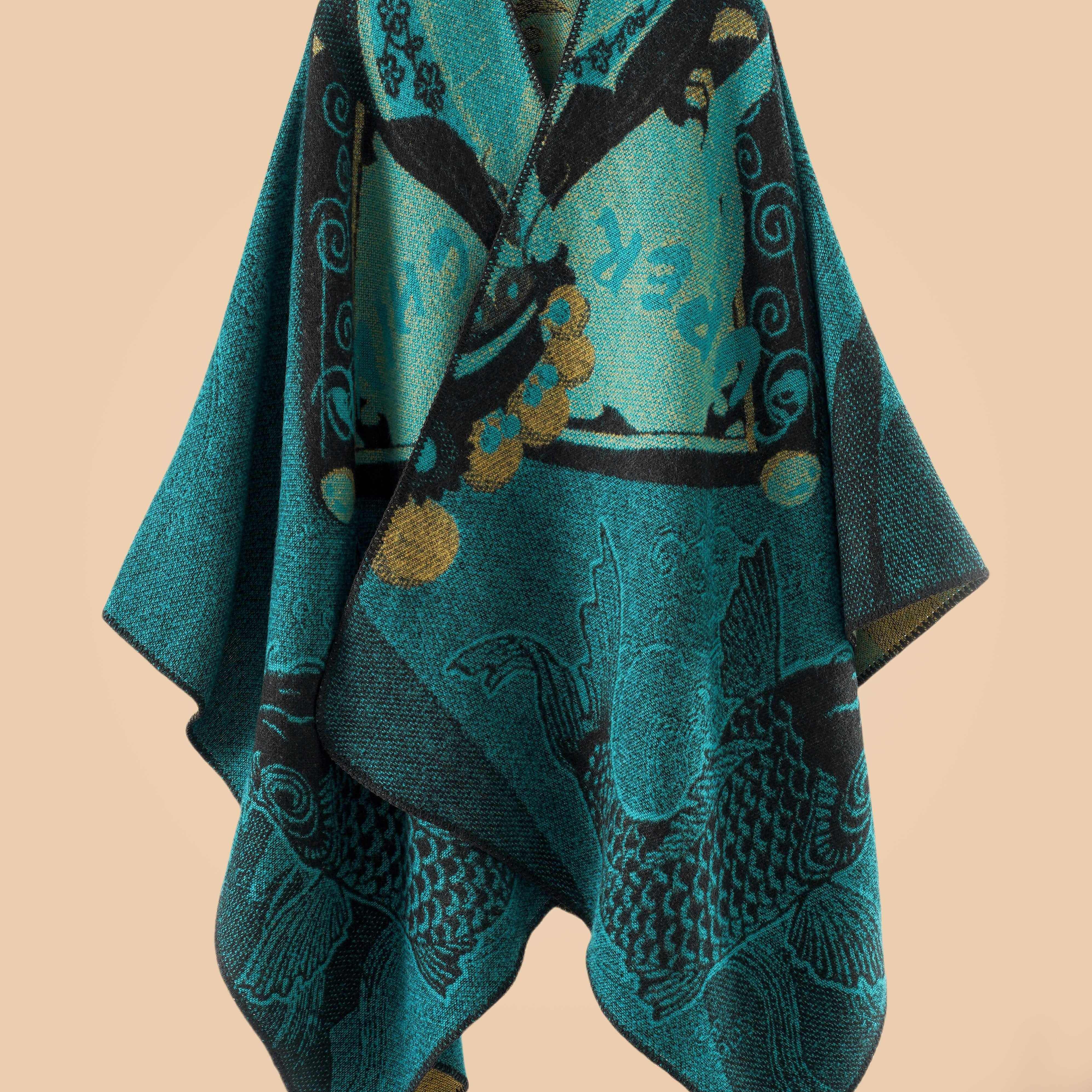 TEMU Plus Size, Fish Scale Pattern Shawl Oversized Fur Open Front Cardigan Sweater Wrap Suitable For Autumn And Winter Evenings