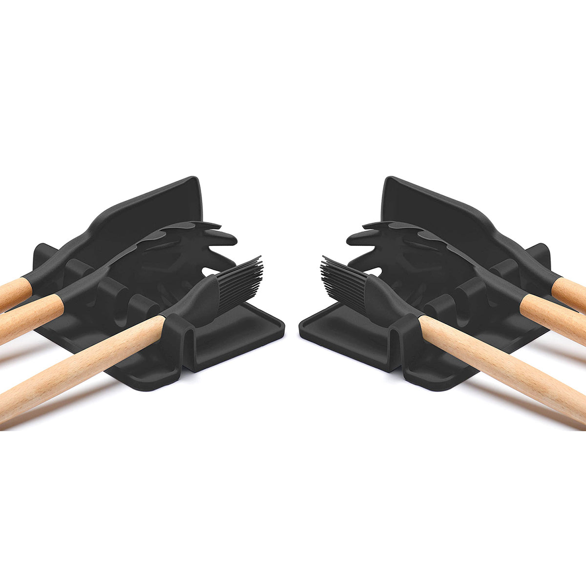 Heat-Resistant Silicone Utensil Rest with Drip Pad (2-Pack) - Black