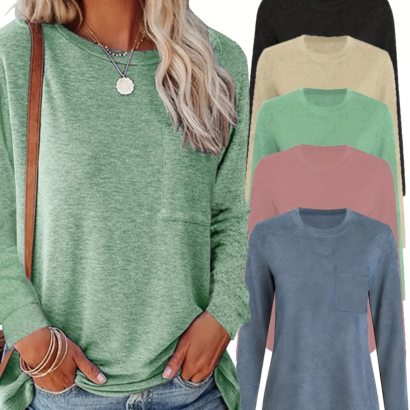 TEMU Women's Casual Long Sleeve T-shirt With Chest Pocket - Soft Pink, Round Neck, Split Hem, Relaxed Fit, Spring-fall Essential, Ladies T Shirts