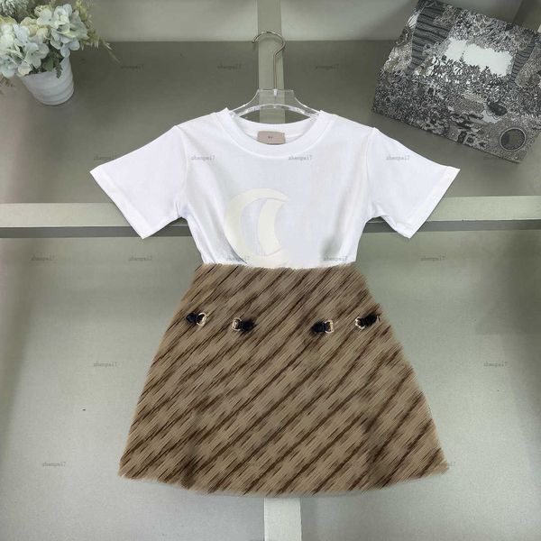 Top girls dress summer Embroidery logo baby overskirt kids designer clothes Simple design round neck T-shirt and mesh print skirt